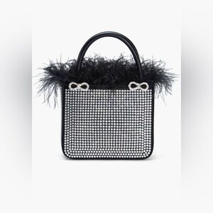 Mach & Mach Crystal & Feather Trim Satin Bag (Black)